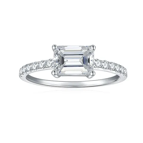 GRA Moissanita Anillo Plata de Ley 925 Chapado en Oro Blanco de 18K Corte Esmeralda Moissanita Anillo para Mujeres Joyería