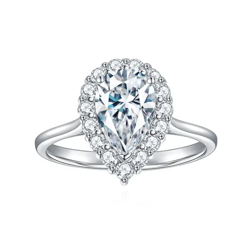 Anillo de Moissanita Corte Pera Halo Plata de Ley 925 Chapado en Oro Blanco 18K Anillo de Compromiso Boda Joyería para Mujer Certificado GRA