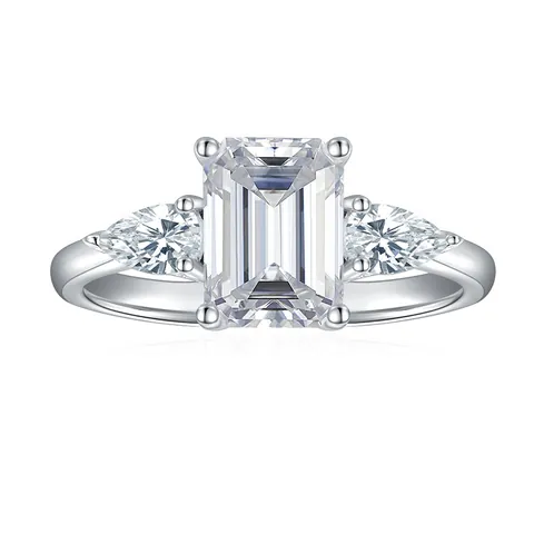 Anillo de Moissanita Corte Esmeralda para Mujer Plata de Ley S925 Chapado en Oro Blanco de 18K Diseño de Tres Piedras Certificado GRA Anillo de Compromiso Boda