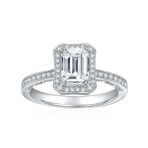 Anillo de Moissanita Talla Esmeralda Plata de Ley 925 Bañado en Oro Blanco de 18K Anillo de Compromiso Halo para Mujer Con Certificado GRA