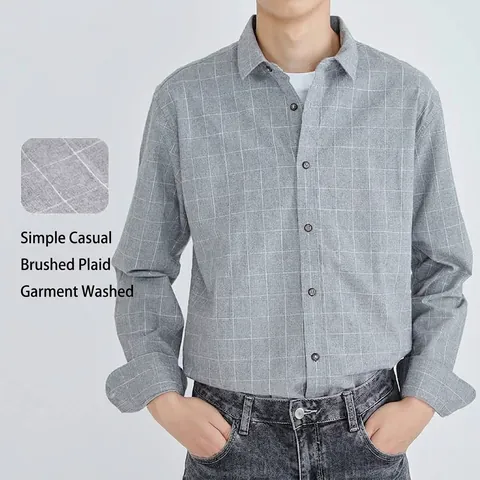 Men Japanese Casual Plaid Shirt Brushed Cotton Long Sleeve Top Minimalist Loose Fit Turn-down Collar Embroidered Shirt