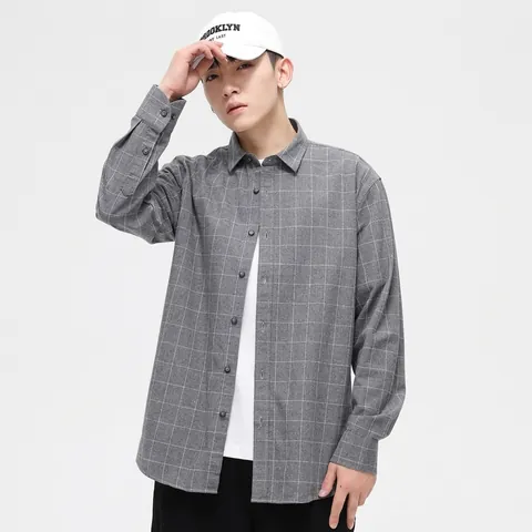 Men Japanese Casual Plaid Shirt Brushed Cotton Long Sleeve Top Minimalist Loose Fit Turn-down Collar Embroidered Shirt