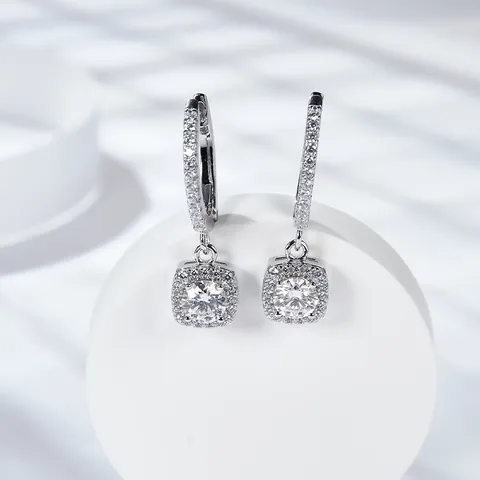 D Color Moissanite Princess Cut Square Halo Drop Earrings 925 Sterling Silver Hook Earrings For Women With GRA Certificate Elegant Fine Jewelry