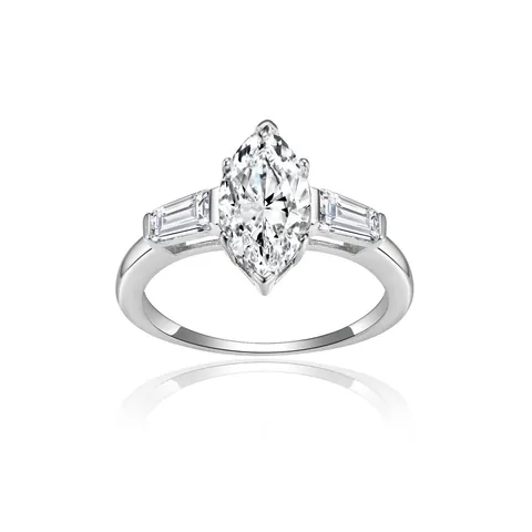 Marquise Cut Moissanite 925 Sterling Silver Ring For Women Baguette Side Stone Three Stone Engagement Wedding Ring GRA