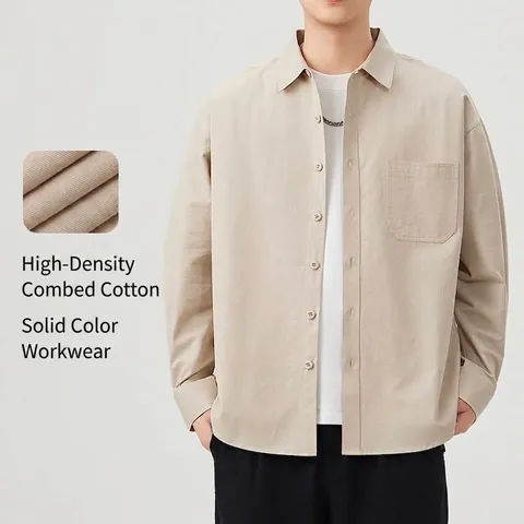 Camicia da Uomo in Cotone a Manica Lunga Vintage Giapponese Vestibilità Comoda Spalle Cadenti Casual Workwear