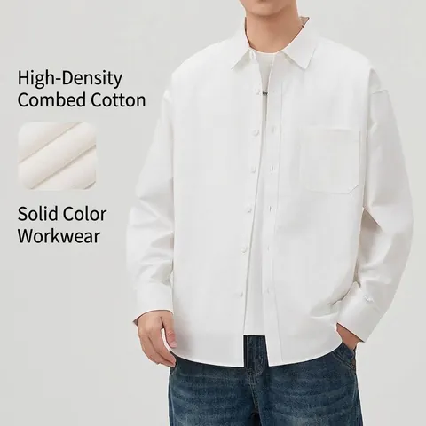 Camicia da Uomo in Cotone a Manica Lunga Vintage Giapponese Vestibilità Comoda Spalle Cadenti Casual Workwear