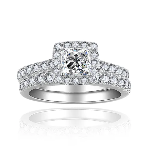 Conjunto de Anillos GRA Moissanita 0.8 Quilates Corte Princesa Doble Capa Plata de Ley 925 Halo Anillo de Compromiso para Mujer