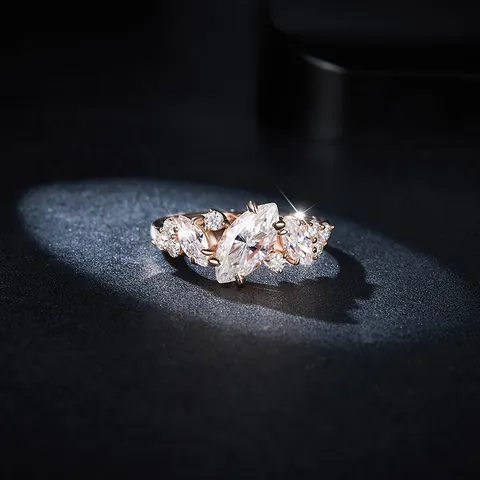 European American Fashion 1 Carat Marquise Moissanite Ring Silver Plated 18k Rose Gold Irregular Symmetrical Cluster Ring For Women GRA Jewelry
