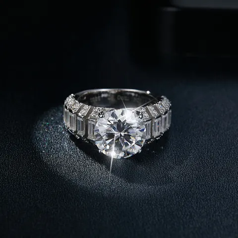 Luxury 925 Sterling Silver 5ct Round Moissanite Ring For Women With Tapered Baguette Cut Side Stones GRA Certificate Gift