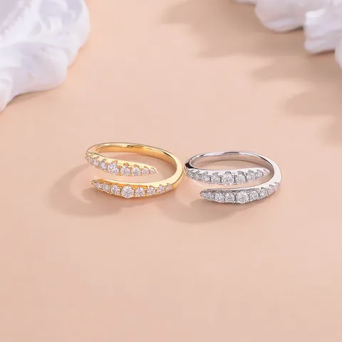Anillo de Plata de Ley 925 con Moissanita para Mujer Doble Fila Pavé Ajustable Abierto Alianza de Boda Joyería de Moda