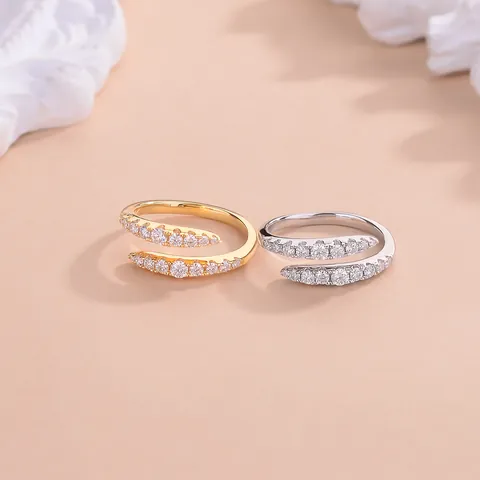 Anillo de Plata de Ley 925 con Moissanita para Mujer Doble Fila Pavé Ajustable Abierto Alianza de Boda Joyería de Moda