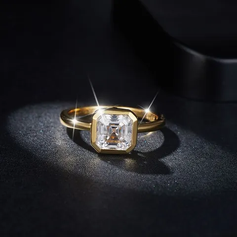 Anillo de Moissanita de Corte Asscher Cuadrado de Plata de Ley 925 Chapado en Oro de 18k Engaste en Bisel con Certificado GRA