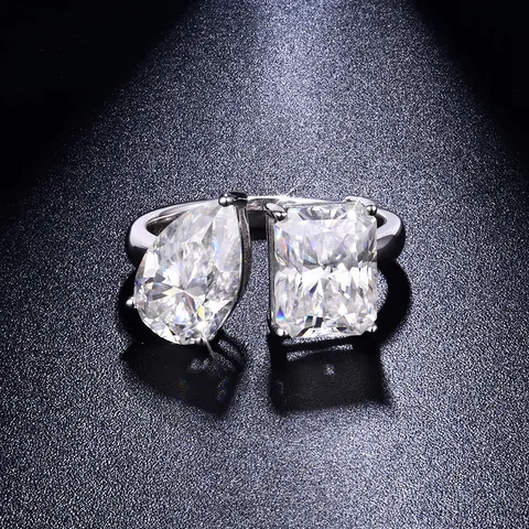 Anello in Argento Sterling 925 Moissanite Toi Et Moi Taglio a Pera Smeraldo Anello Aperto Regolabile per Gioielli da Donna Con Certificato GRA