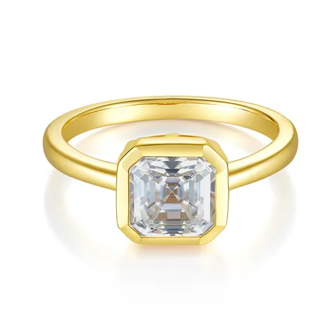Anillo de Moissanita de Corte Asscher Cuadrado de Plata de Ley 925 Chapado en Oro de 18k Engaste en Bisel con Certificado GRA