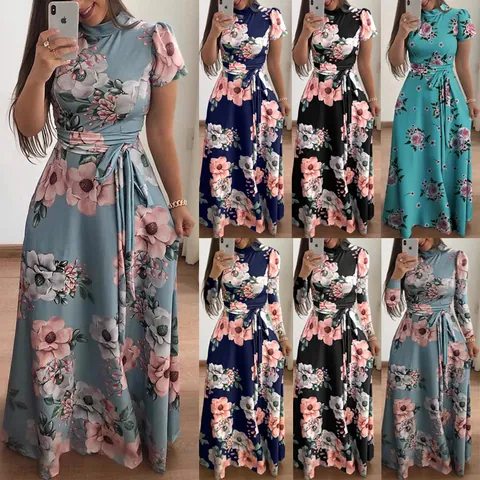 Damen Blumenmuster Maxi Kleid Eleganter Westlicher Stil Stehkragen Großer Schwung Langes Kleid Mit Bindegürtel Für Den Alltag Party