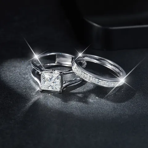 Juego de Anillos de Moissanita Corte Princesa Plata de Ley 925 Chapado en Oro Blanco de 18K Anillo Apilable Joyería Mujer Con GRA