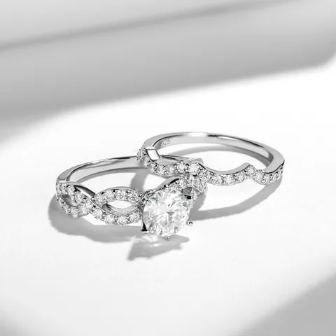 Σετ Δαχτυλίδι Αρραβώνων Moissanite από Ασήμι 925 για Γυναίκες Στρογγυλή Πέτρα Κυματιστή Στοίβαξη Βέρα Πιστοποιητικό GRA Κοσμήματα