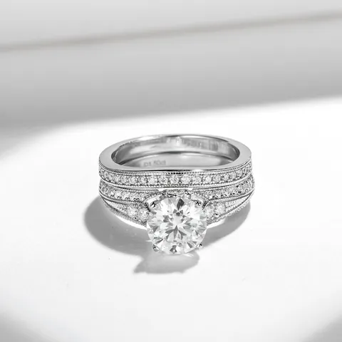 Conjunto de Anillos de Compromiso de Moissanita Redonda Vintage para Mujer Plata de Ley 925 Bordes Milgrain Certificado GRA Incluido Joyas de Boda