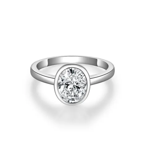 Anillo de Compromiso Clásico de Moissanita Ovalada con Engaste en Bisel Plata de Ley 925 Chapado en Oro Blanco para Mujer Joyería Certificada GRA