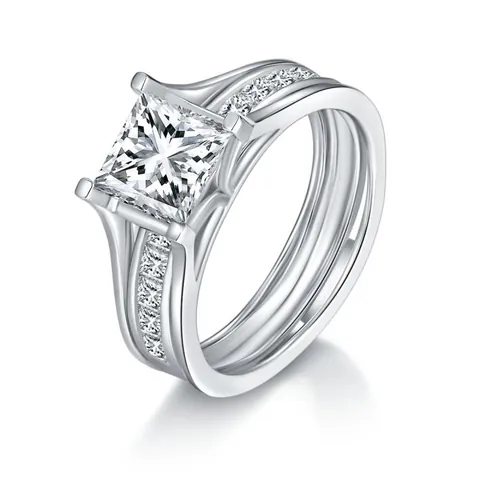 Juego de Anillos de Moissanita Corte Princesa Plata de Ley 925 Chapado en Oro Blanco de 18K Anillo Apilable Joyería Mujer Con GRA