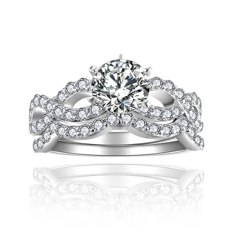 Σετ Δαχτυλίδι Αρραβώνων Moissanite από Ασήμι 925 για Γυναίκες Στρογγυλή Πέτρα Κυματιστή Στοίβαξη Βέρα Πιστοποιητικό GRA Κοσμήματα