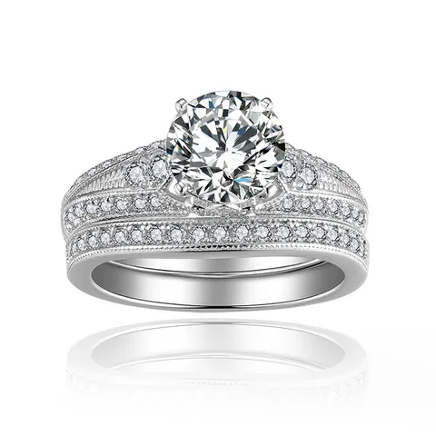 Conjunto de Anillos de Compromiso de Moissanita Redonda Vintage para Mujer Plata de Ley 925 Bordes Milgrain Certificado GRA Incluido Joyas de Boda