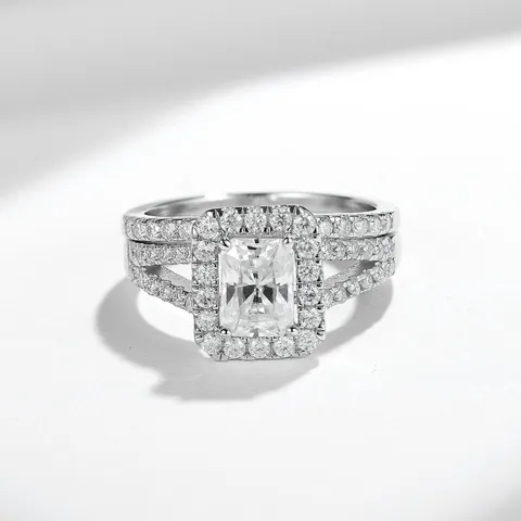 Juego de Anillos de Moissanita Corte Radiant Plata de Ley 925 Chapado en Oro Blanco 18k Anillo de Compromiso Apilable Mujer Certificado GRA