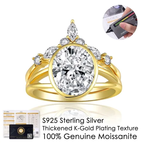 Anillo De Moissanita Ovalado Y Anillo De Banda Para Mujer De Plata De Ley 925 Bañado En Oro De 18K Anillo De Compromiso Joyas GRA