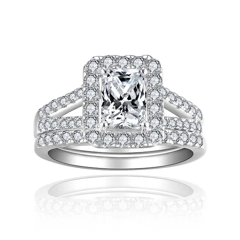 Juego de Anillos de Moissanita Corte Radiant Plata de Ley 925 Chapado en Oro Blanco 18k Anillo de Compromiso Apilable Mujer Certificado GRA