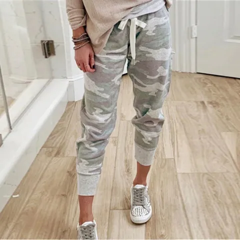 Women's Camouflage Print Jogger Pants Polyester Drawstring High Waist Casual Straight Sweatpants With Ribbed Cuffs Bottom