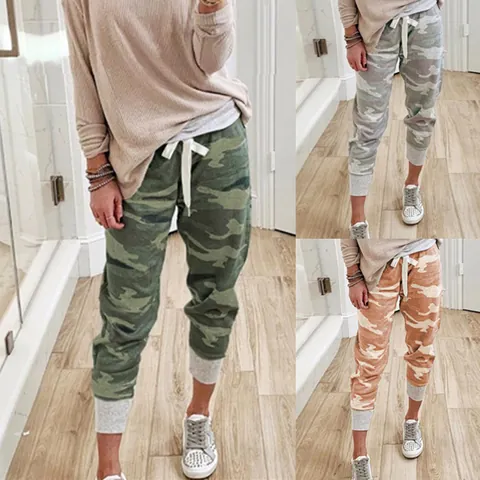 Women's Camouflage Print Jogger Pants Polyester Drawstring High Waist Casual Straight Sweatpants With Ribbed Cuffs Bottom