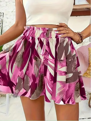 Damen High Waist Bedruckte Weite Hosenröcke Elastischer Kordelzug Strandurlaub Shorts Abstrakte Florale Röcke Shorts Für Sommerreisen