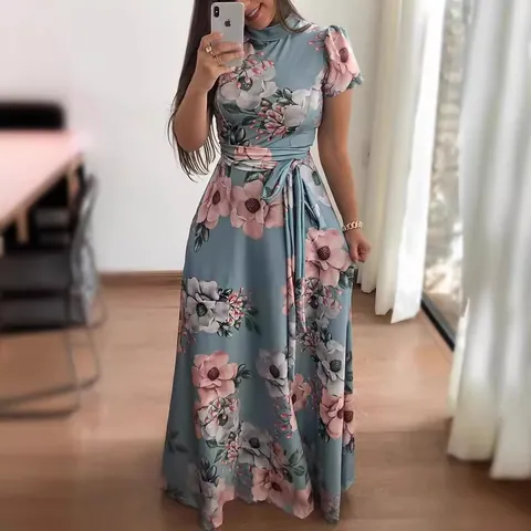 Damen Blumenmuster Maxi Kleid Eleganter Westlicher Stil Stehkragen Großer Schwung Langes Kleid Mit Bindegürtel Für Den Alltag Party