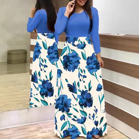 Women Patchwork Floral Print Maxi Dress Elegant Western Style Round Neck Long Flare Hem Casual Dress Summer Fashion Outfit