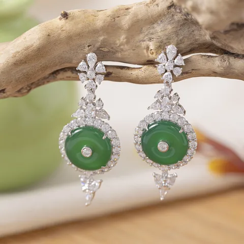925 Sterlingsilber Grüner Chalcedon Friedensschnalle Ohrhänger Elegantes Strass Blumen Design Schmuck Geschenk Für Damen