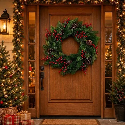 Handgefertigter Weihnachtskranz Künstliche Kiefernnadeln Tannenzapfen Rote Beeren Haustür Wandbehang Girlande Feiertagsdeko