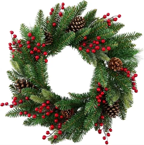 Handmade Christmas Wreath Artificial Pine Needles Pine Cones Red Berries Front Door Wall Hanging Garland Holiday Decoration