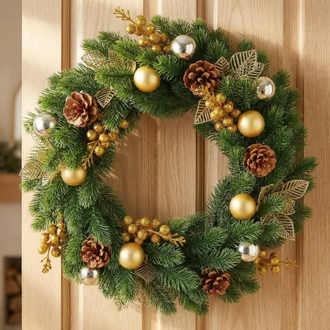 Christmas Wreath Gold Leaves Silver Beads Natural Pine Cones Simulation Green Pine Needle 43cm Door Wall Hanging Ornaments