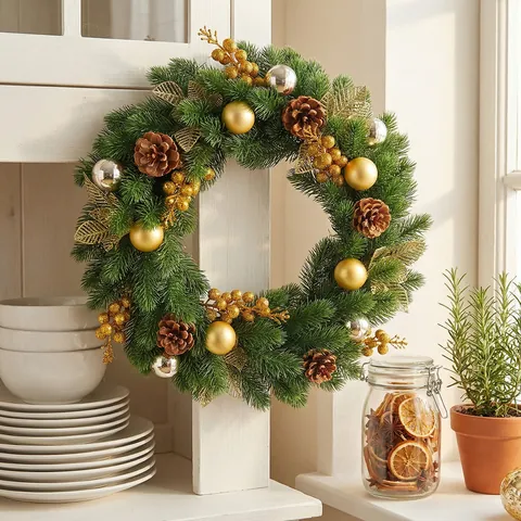 Christmas Wreath Gold Leaves Silver Beads Natural Pine Cones Simulation Green Pine Needle 43cm Door Wall Hanging Ornaments