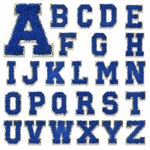 Blue Chenille Letter Patches Gold Glitter Border Towel Embroidery Patch For Clothing Bag DIY Decoration Sticker A-Z Alphabet