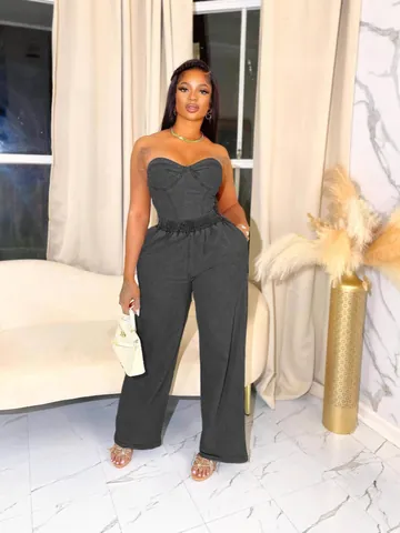 Damen Distressed Denim Zweiteiler Polyester Trägerloses Korsett Top Und Weites Bein Hose Lässig Outfits Gewaschene Anzüge