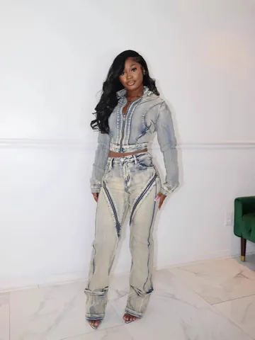 Damen Mode Sexy Hohe Elastizität Gewaschenes Blau Denim Jacke Und Hose Set Reißverschluss Slim Fit Top Und Bottom Outfit