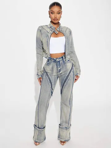 Damen Mode Sexy Hohe Elastizität Gewaschenes Blau Denim Jacke Und Hose Set Reißverschluss Slim Fit Top Und Bottom Outfit