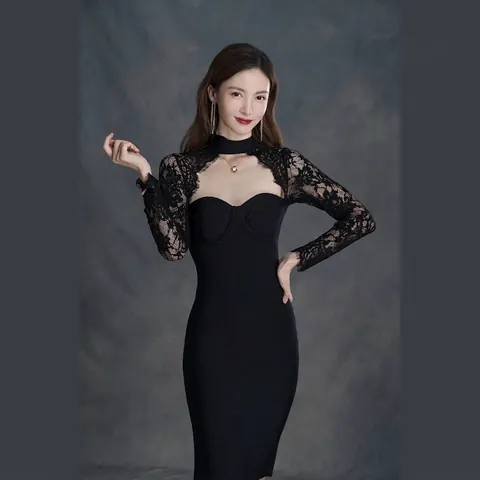 Women Sexy Halter Lace Splicing Bandage Dress Elegant Bodycon Midi Party Dress For Banquet Party Night Out Evening Gown