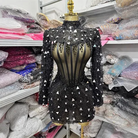 Women Black Semi-Transparent Sequin Bodycon Mini Dress Silver Triangle Mirror Crystal Long Sleeve Sexy Party Club Dress