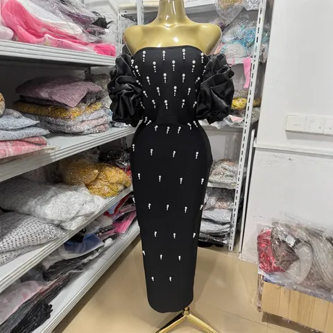 Elegant Off-Shoulder Pearl Beaded Bandage Dress Women Sexy Bodycon Evening Banquet Party Maxi Gown Ruffle Puff Sleeve Slit Dress