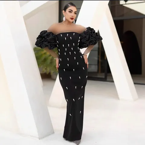 Elegant Off-Shoulder Pearl Beaded Bandage Dress Women Sexy Bodycon Evening Banquet Party Maxi Gown Ruffle Puff Sleeve Slit Dress