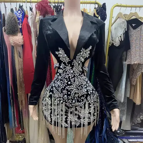 Vestito Blazer Sexy Schiena Scoperta Donna Con Frange Di Strass Scollo A Revers Manica Lunga Vestito Da Sera Elegante