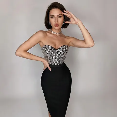 Completo Donna Top a Bustino Scolpito con Strass e Minigonna a Bende Sexy Top And Bottom Scintillante per Festa Banchetto