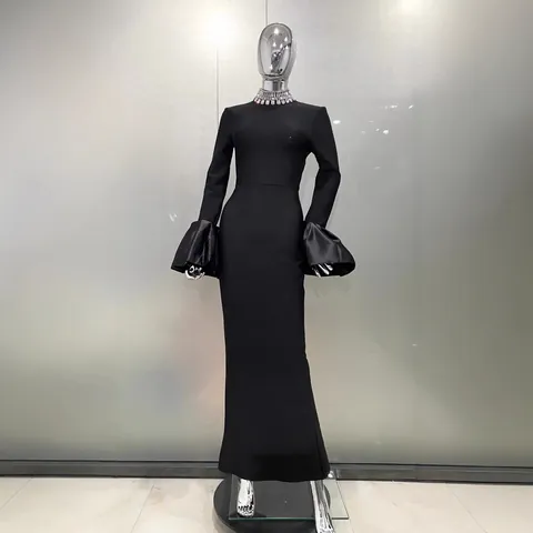 Elegante Abito Bodycon da Donna con Collo Alto Falso e Strass Manica Lunga a Campana Sexy Abito da Sera Formale